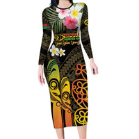 Personalised Vanuatu Independence Day Long Sleeve Bodycon Dress Carving Drum Sand Drawing Turtle