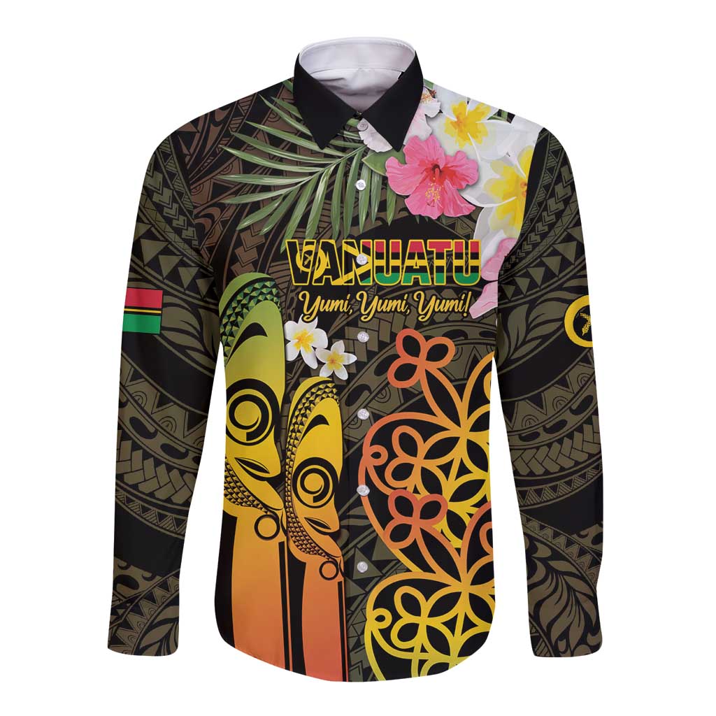 Personalised Vanuatu Independence Day Long Sleeve Button Shirt Carving Drum Sand Drawing Turtle LT14 Unisex Black - Polynesian Pride