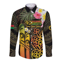 Personalised Vanuatu Independence Day Long Sleeve Button Shirt Carving Drum Sand Drawing Turtle LT14 Unisex Black - Polynesian Pride