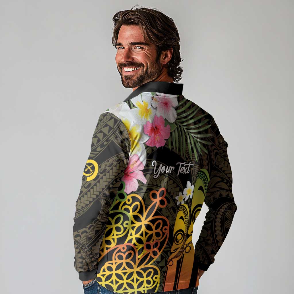 Personalised Vanuatu Independence Day Long Sleeve Polo Shirt Carving Drum Sand Drawing Turtle