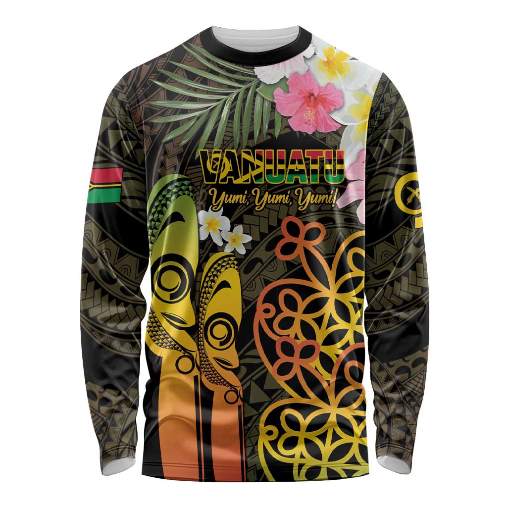 Personalised Vanuatu Independence Day Long Sleeve Shirt Carving Drum Sand Drawing Turtle LT14 Unisex Black - Polynesian Pride