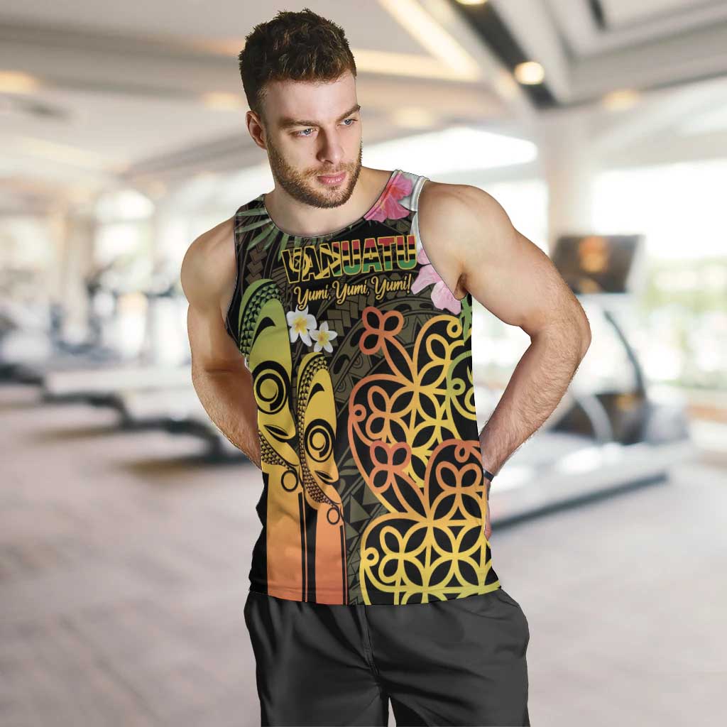 Personalised Vanuatu Independence Day Men Tank Top Carving Drum Sand Drawing Turtle LT14 Black - Polynesian Pride