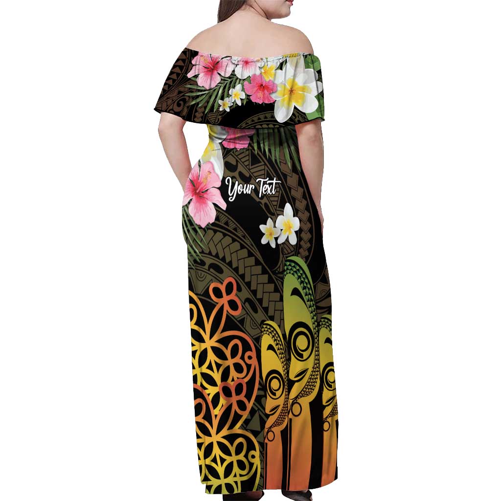 Personalised Vanuatu Independence Day Off Shoulder Maxi Dress Carving Drum Sand Drawing Turtle