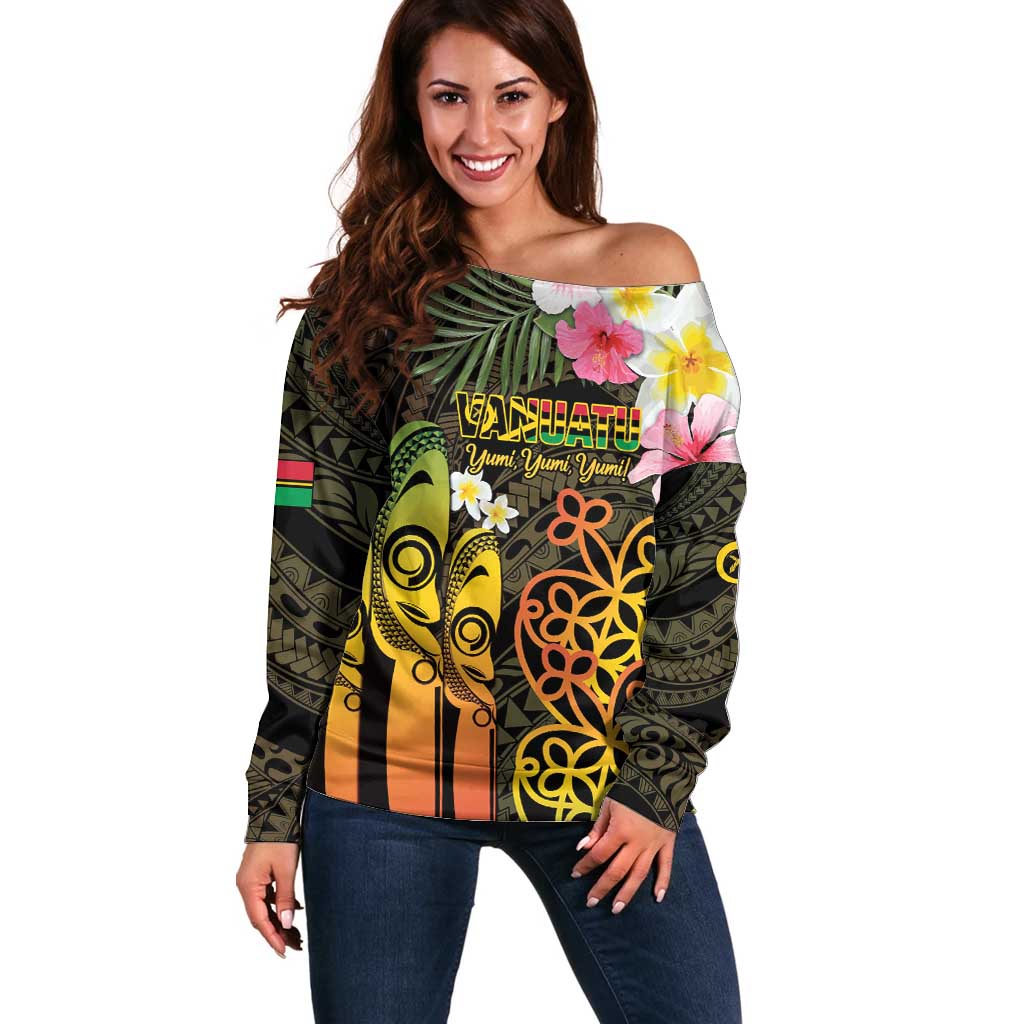 Personalised Vanuatu Independence Day Off Shoulder Sweater Carving Drum Sand Drawing Turtle