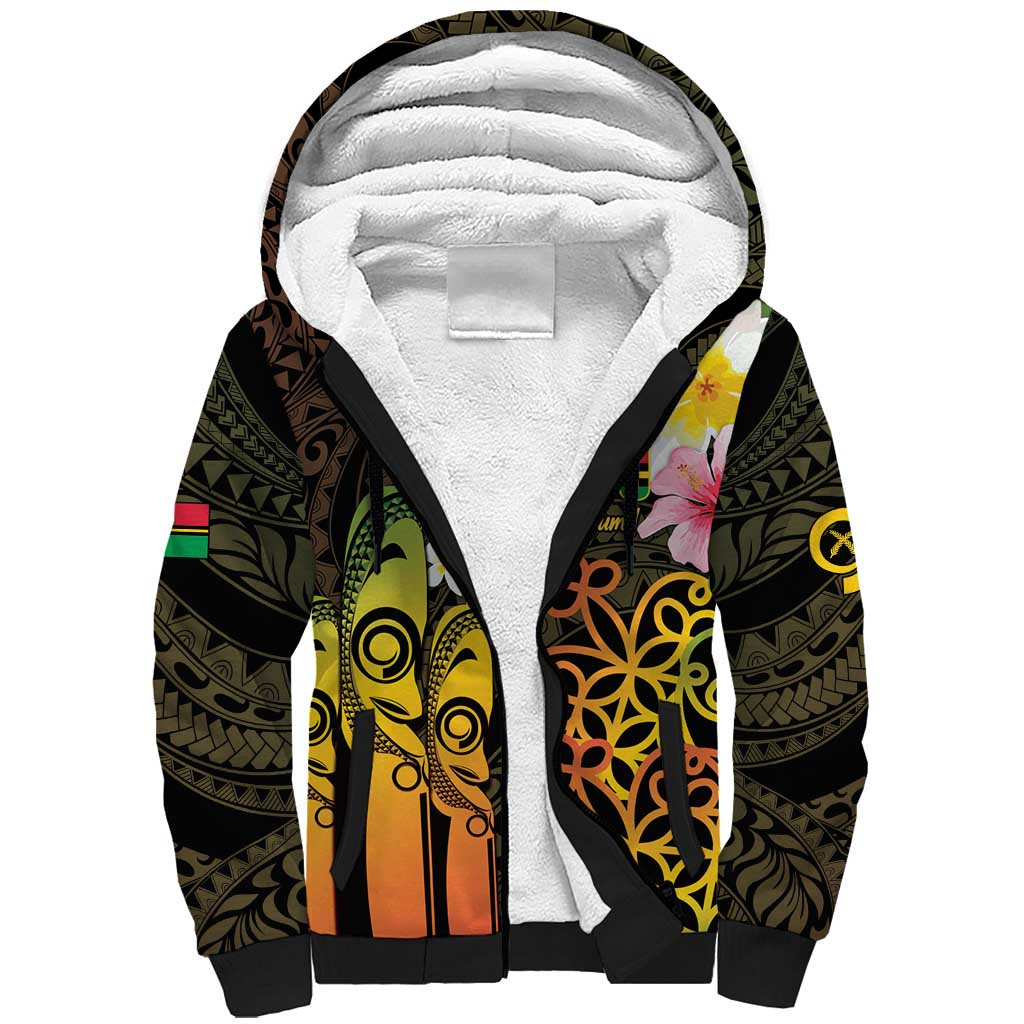 Personalised Vanuatu Independence Day Sherpa Hoodie Carving Drum Sand Drawing Turtle LT14 Unisex Black - Polynesian Pride