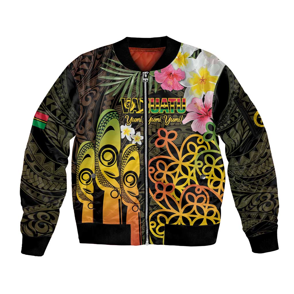 Personalised Vanuatu Independence Day Sleeve Zip Bomber Jacket Carving Drum Sand Drawing Turtle