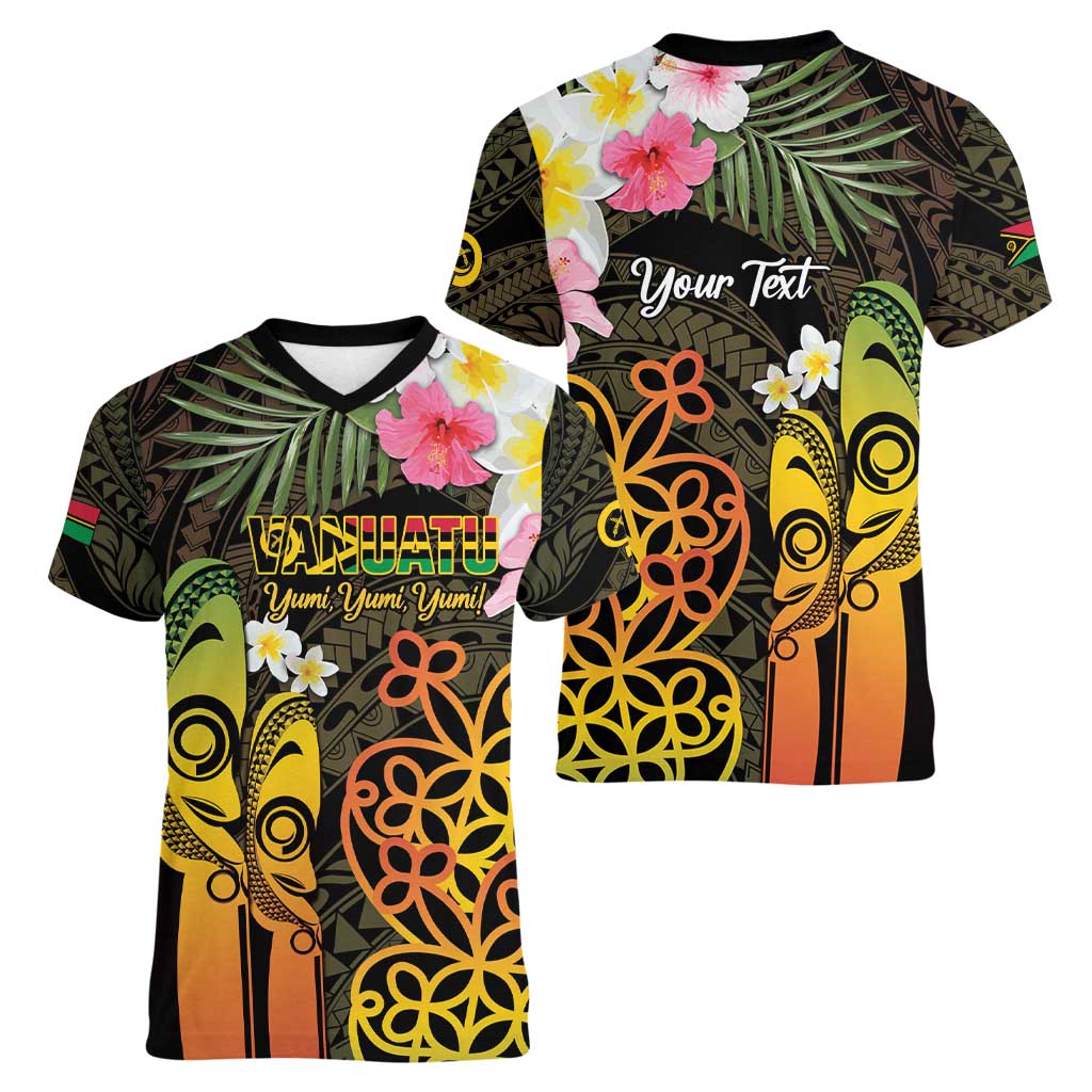 Personalised Vanuatu Independence Day Women V-Neck T-Shirt Carving Drum Sand Drawing Turtle