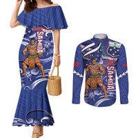 Samoa Independence Day Couples Matching Mermaid Dress and Long Sleeve Button Shirt 1962 Proud Samoan Warrior LT14 Blue - Polynesian Pride
