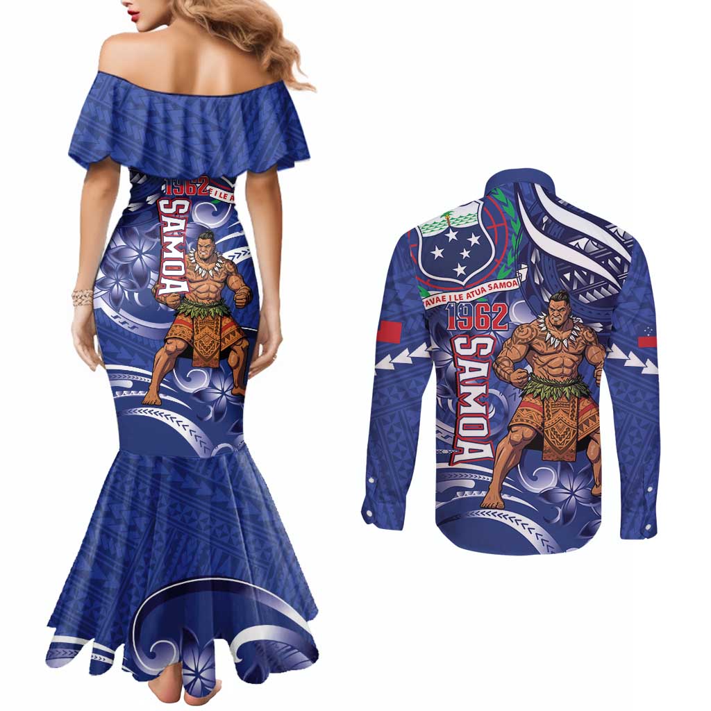 Samoa Independence Day Couples Matching Mermaid Dress and Long Sleeve Button Shirt 1962 Proud Samoan Warrior LT14 - Polynesian Pride