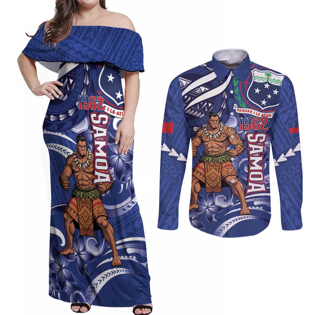 Samoa Independence Day Couples Matching Off Shoulder Maxi Dress and Long Sleeve Button Shirt 1962 Proud Samoan Warrior LT14 Blue - Polynesian Pride