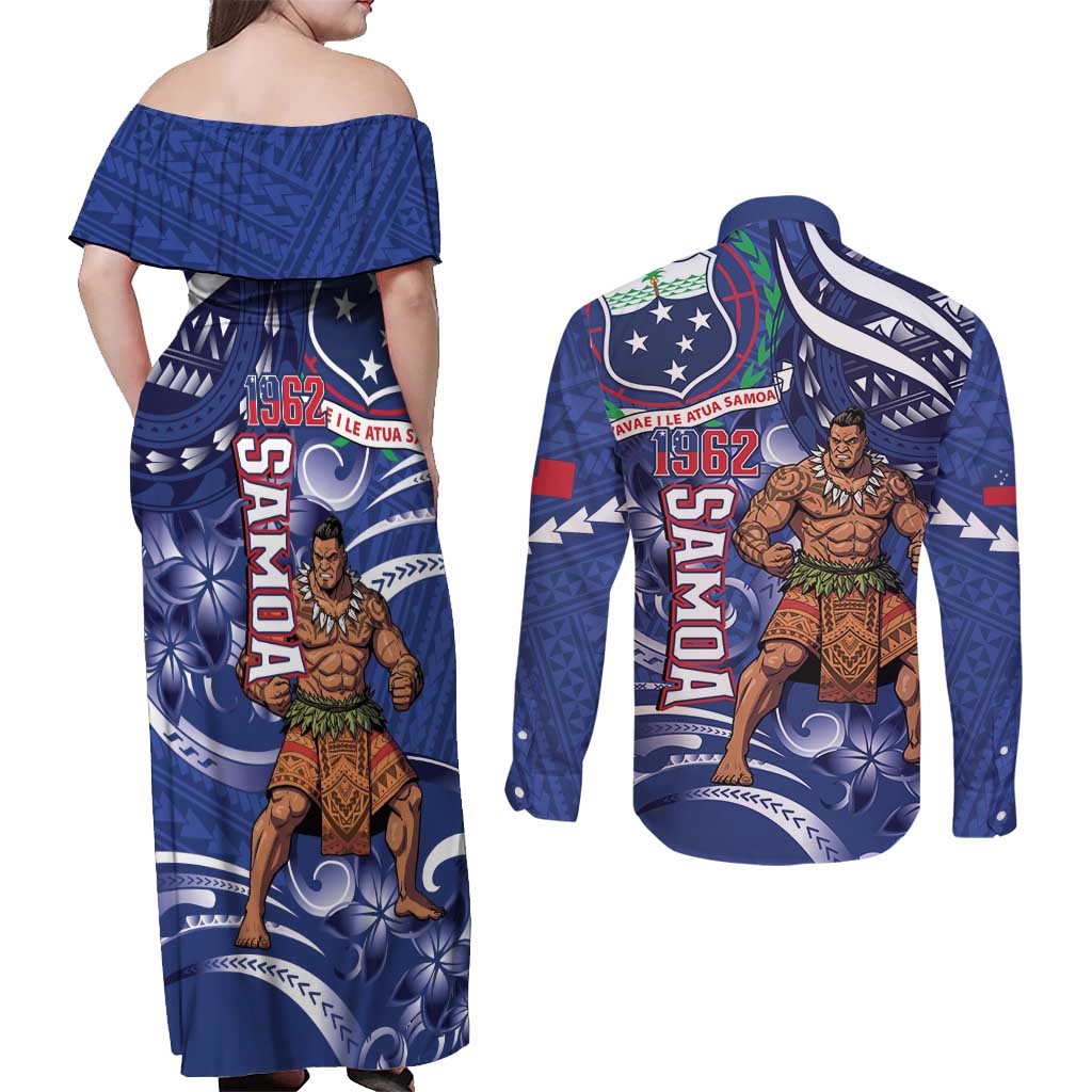 Samoa Independence Day Couples Matching Off Shoulder Maxi Dress and Long Sleeve Button Shirt 1962 Proud Samoan Warrior LT14 - Polynesian Pride