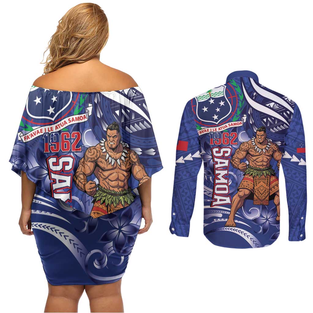 Samoa Independence Day Couples Matching Off Shoulder Short Dress and Long Sleeve Button Shirt 1962 Proud Samoan Warrior LT14 - Polynesian Pride