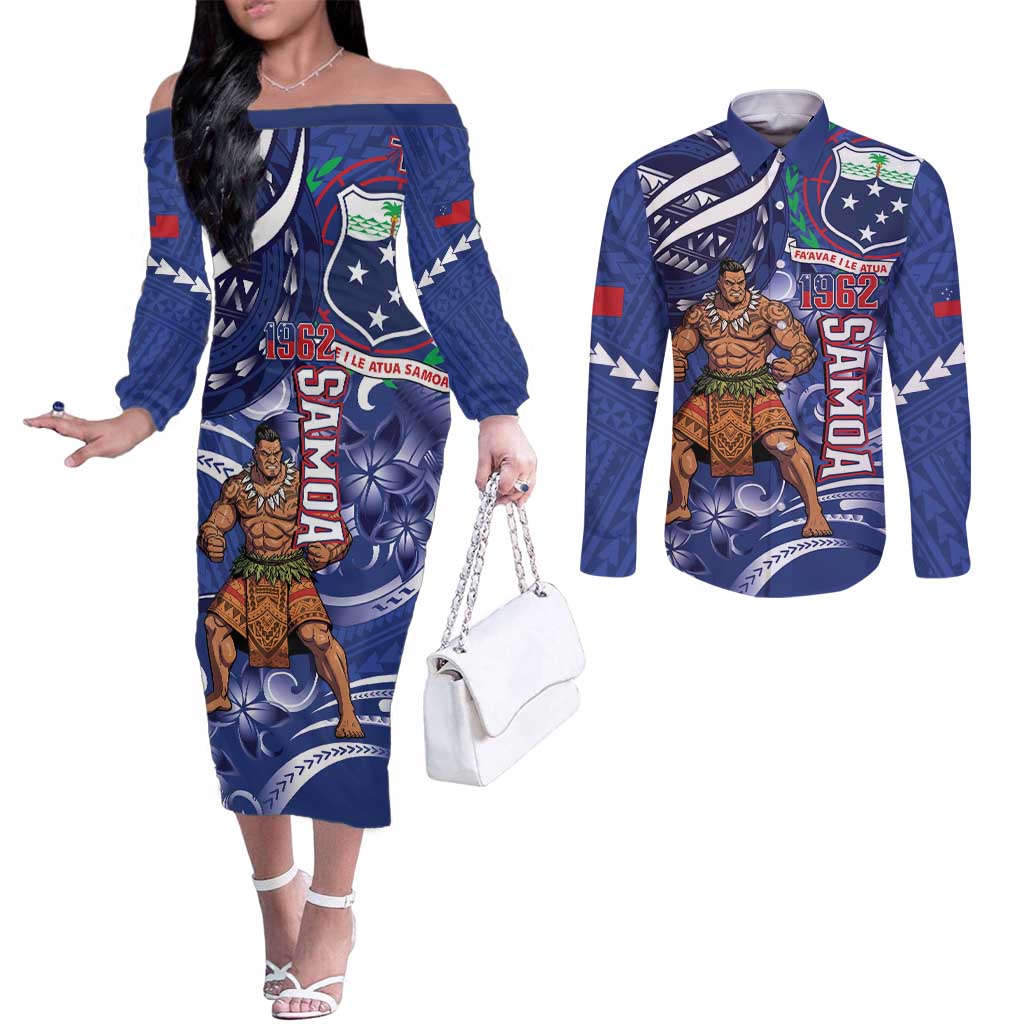Samoa Independence Day Couples Matching Off The Shoulder Long Sleeve Dress and Long Sleeve Button Shirt 1962 Proud Samoan Warrior LT14 Blue - Polynesian Pride