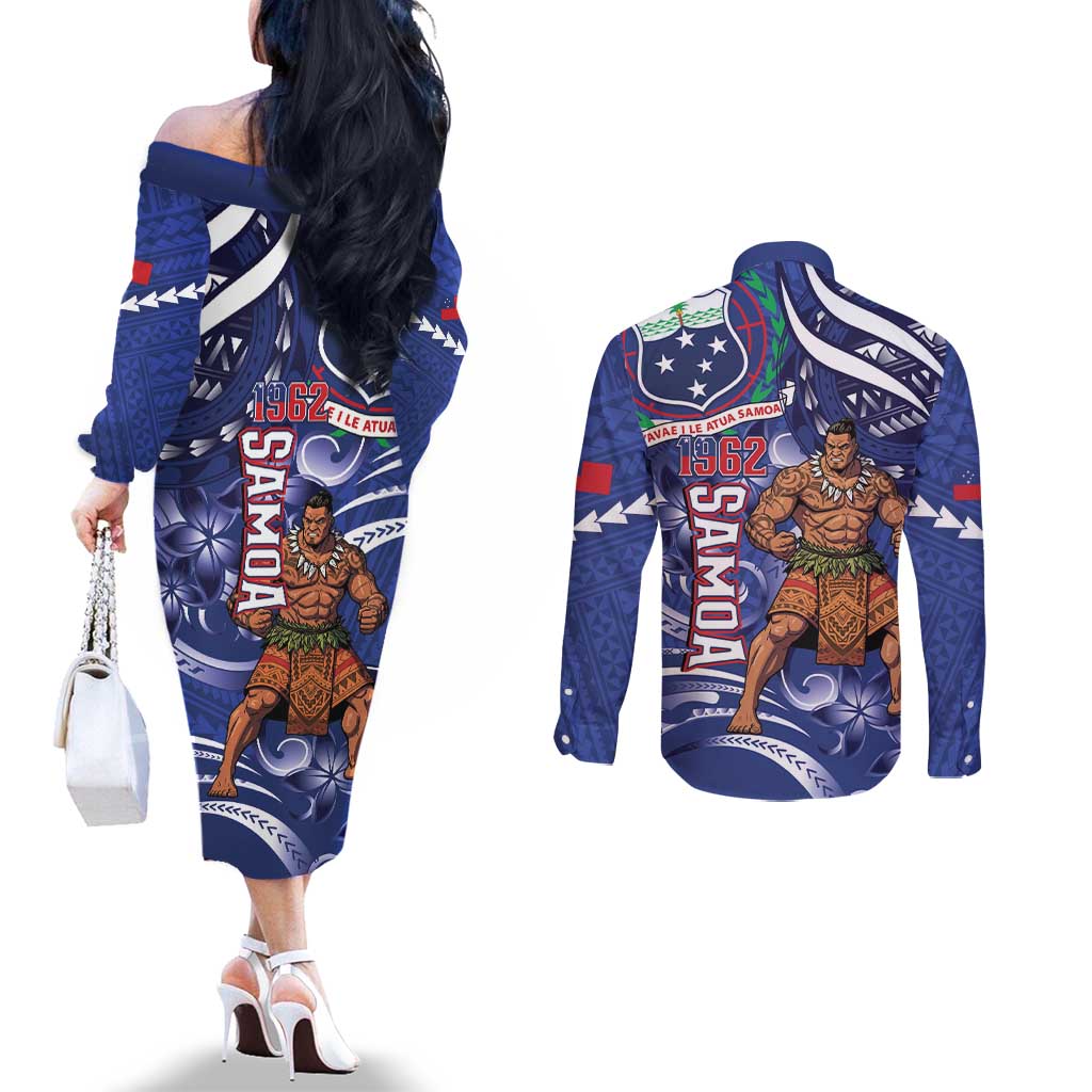 Samoa Independence Day Couples Matching Off The Shoulder Long Sleeve Dress and Long Sleeve Button Shirt 1962 Proud Samoan Warrior LT14 - Polynesian Pride
