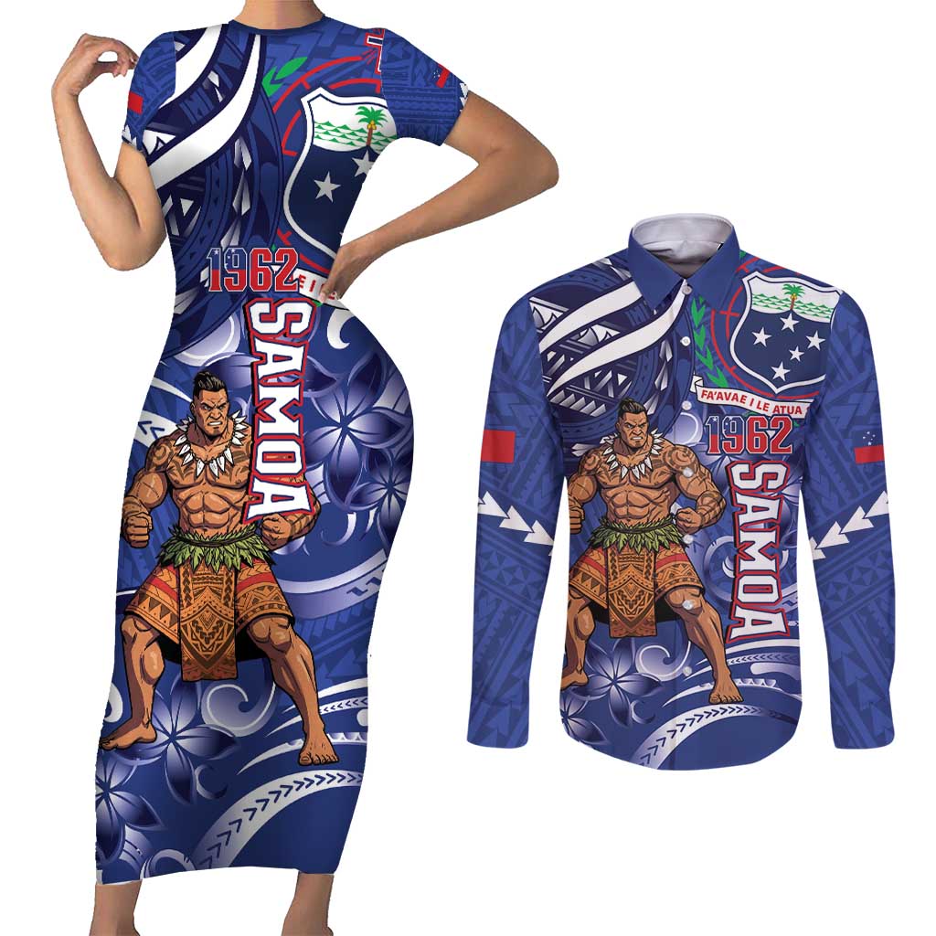 Samoa Independence Day Couples Matching Short Sleeve Bodycon Dress and Long Sleeve Button Shirt 1962 Proud Samoan Warrior LT14 Blue - Polynesian Pride