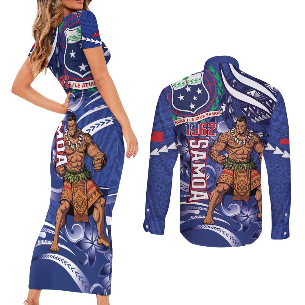 Samoa Independence Day Couples Matching Short Sleeve Bodycon Dress and Long Sleeve Button Shirt 1962 Proud Samoan Warrior LT14 - Polynesian Pride
