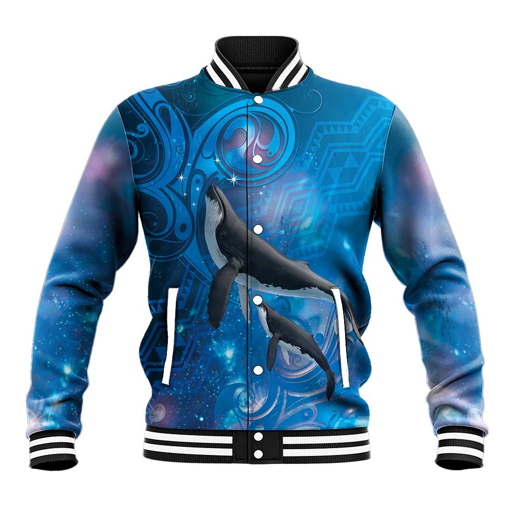 Paikea New Zealand Matariki Baseball Jacket Humpback Whale Taniko Motifs Ocean Vibes LT14 Unisex Blue - Polynesian Pride