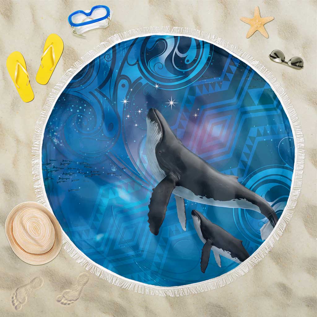 Paikea New Zealand Matariki Beach Blanket Humpback Whale Taniko Motifs Ocean Vibes LT14 One Size 150cm Blue - Polynesian Pride