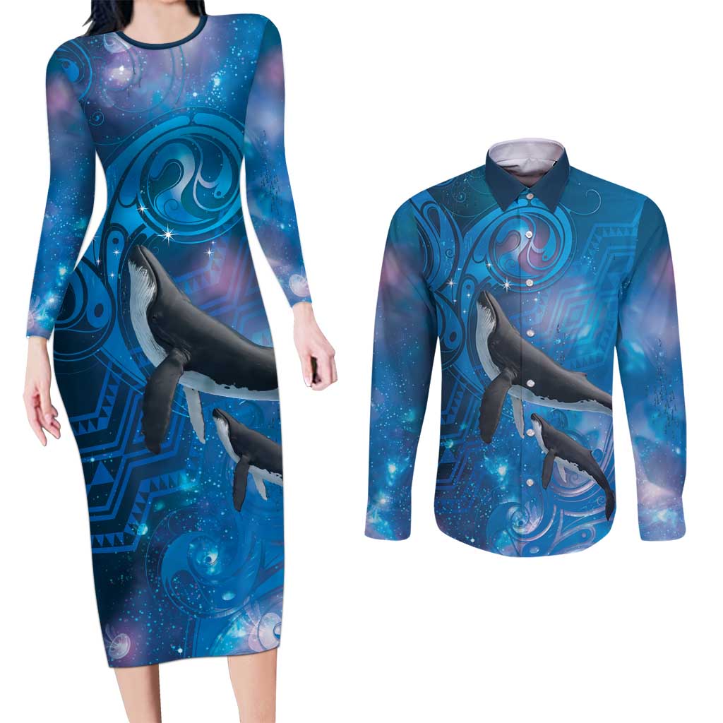 Paikea New Zealand Matariki Couples Matching Long Sleeve Bodycon Dress and Long Sleeve Button Shirt Humpback Whale Taniko Motifs Ocean Vibes