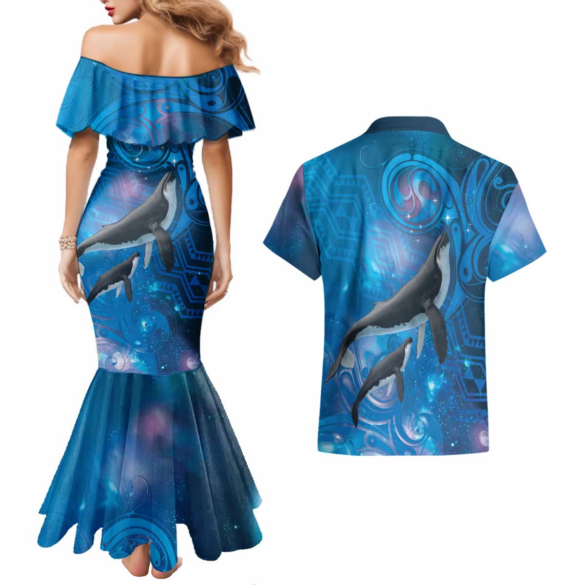 Paikea New Zealand Matariki Couples Matching Mermaid Dress and Hawaiian Shirt Humpback Whale Taniko Motifs Ocean Vibes