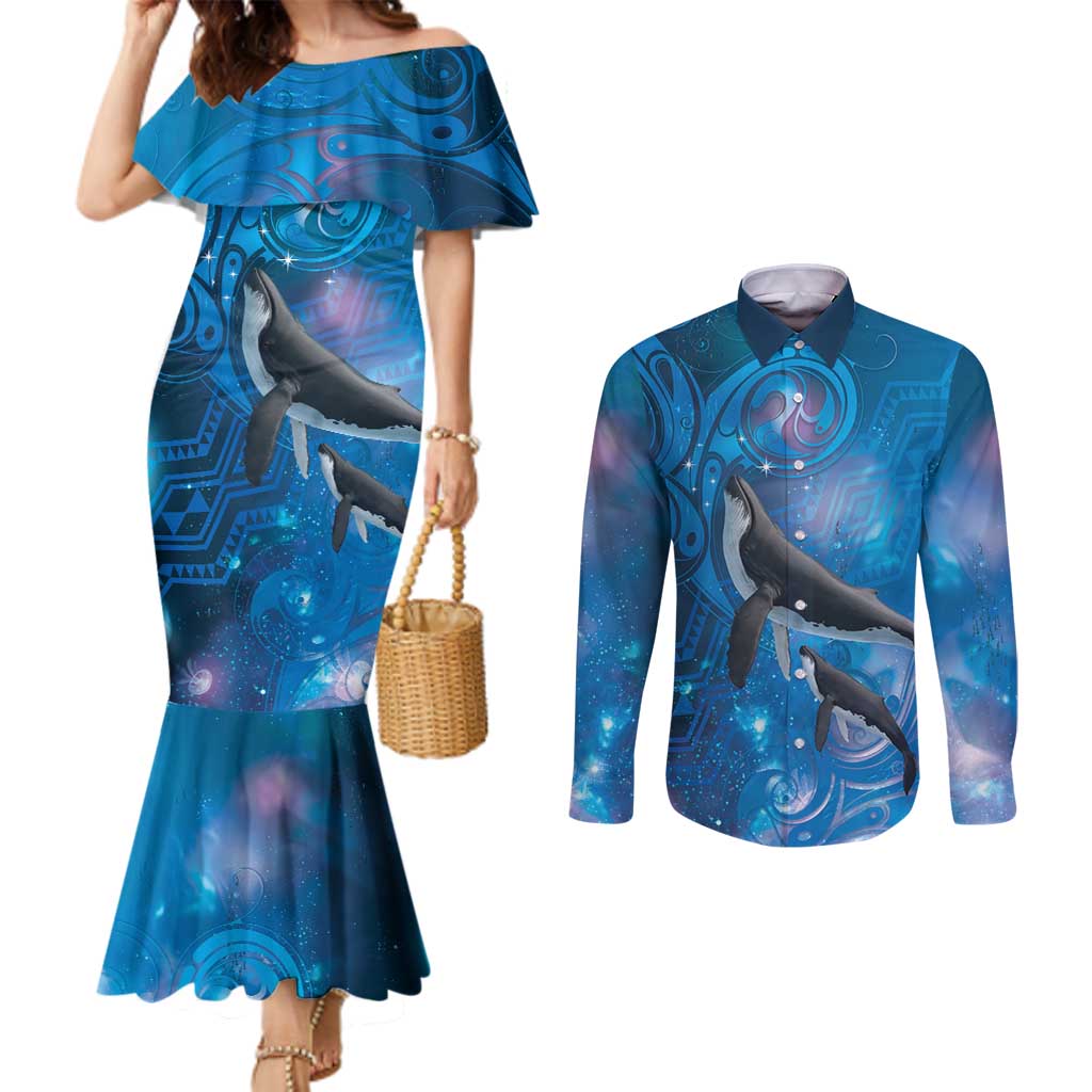 Paikea New Zealand Matariki Couples Matching Mermaid Dress and Long Sleeve Button Shirt Humpback Whale Taniko Motifs Ocean Vibes