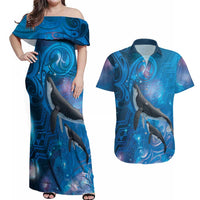 Paikea New Zealand Matariki Couples Matching Off Shoulder Maxi Dress and Hawaiian Shirt Humpback Whale Taniko Motifs Ocean Vibes