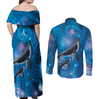 Paikea New Zealand Matariki Couples Matching Off Shoulder Maxi Dress and Long Sleeve Button Shirt Humpback Whale Taniko Motifs Ocean Vibes