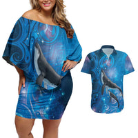 Paikea New Zealand Matariki Couples Matching Off Shoulder Short Dress and Hawaiian Shirt Humpback Whale Taniko Motifs Ocean Vibes