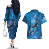 Paikea New Zealand Matariki Couples Matching Off The Shoulder Long Sleeve Dress and Hawaiian Shirt Humpback Whale Taniko Motifs Ocean Vibes