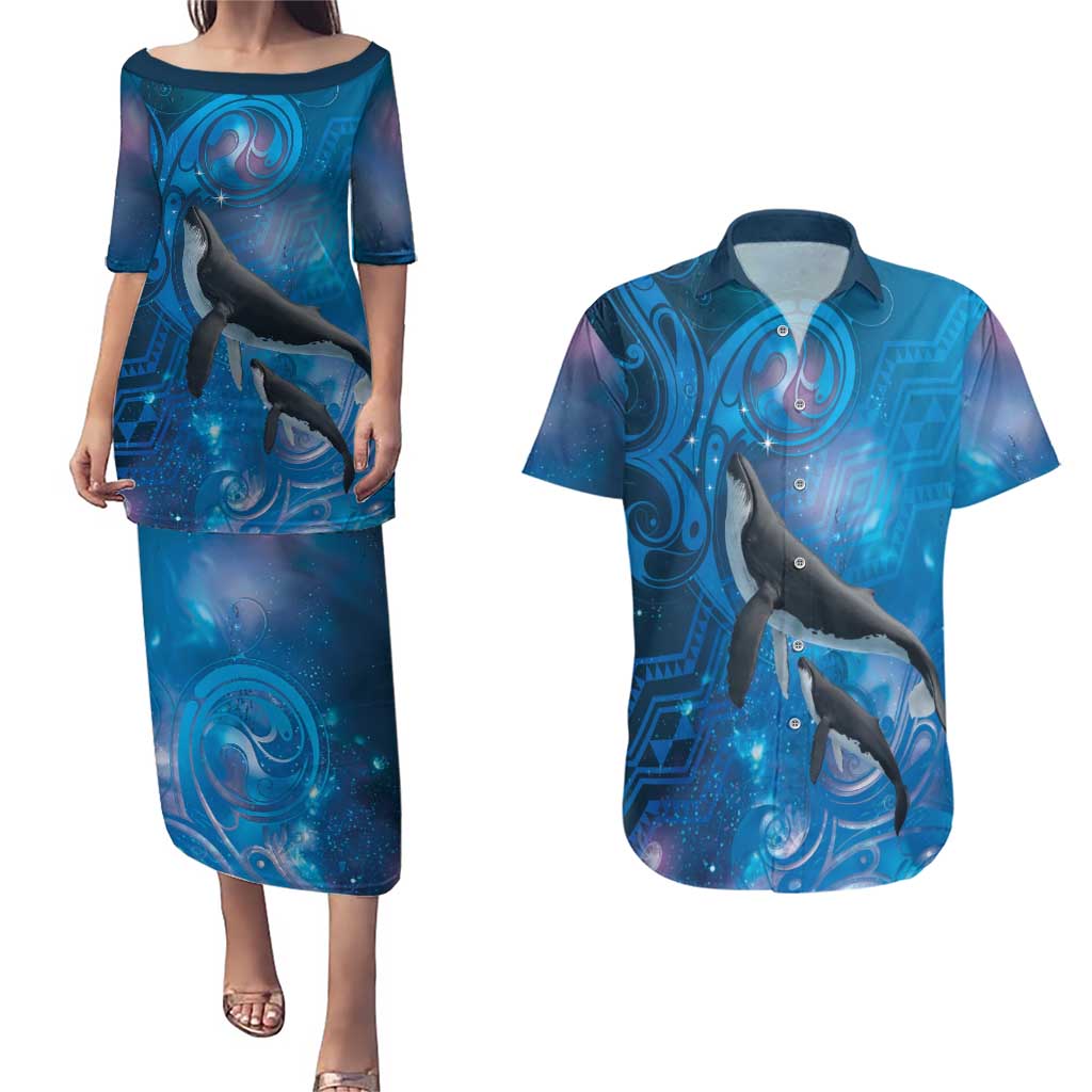 Paikea New Zealand Matariki Couples Matching Puletasi and Hawaiian Shirt Humpback Whale Taniko Motifs Ocean Vibes