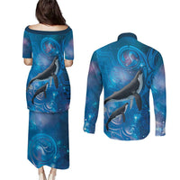Paikea New Zealand Matariki Couples Matching Puletasi and Long Sleeve Button Shirt Humpback Whale Taniko Motifs Ocean Vibes