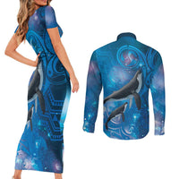Paikea New Zealand Matariki Couples Matching Short Sleeve Bodycon Dress and Long Sleeve Button Shirt Humpback Whale Taniko Motifs Ocean Vibes