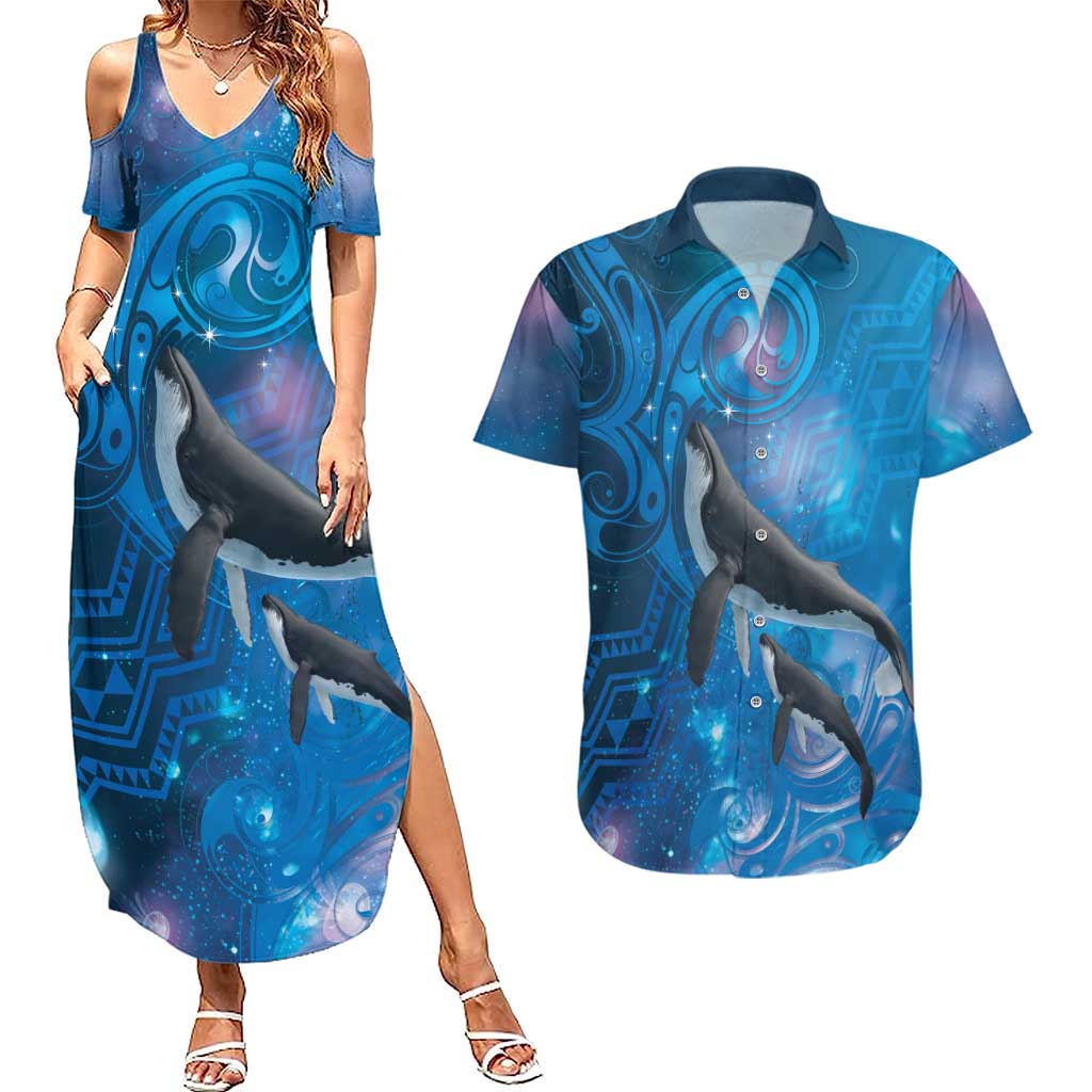 Paikea New Zealand Matariki Couples Matching Summer Maxi Dress and Hawaiian Shirt Humpback Whale Taniko Motifs Ocean Vibes