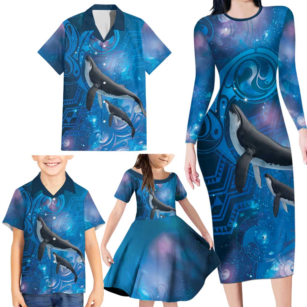 Paikea New Zealand Matariki Family Matching Long Sleeve Bodycon Dress and Hawaiian Shirt Humpback Whale Taniko Motifs Ocean Vibes