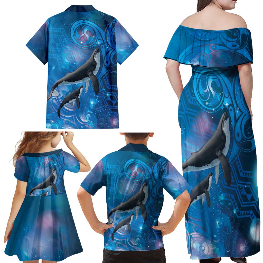 Paikea New Zealand Matariki Family Matching Off Shoulder Maxi Dress and Hawaiian Shirt Humpback Whale Taniko Motifs Ocean Vibes