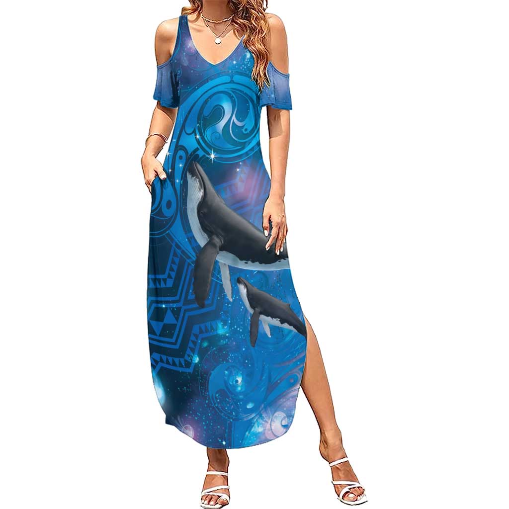 Paikea New Zealand Matariki Family Matching Summer Maxi Dress and Hawaiian Shirt Humpback Whale Taniko Motifs Ocean Vibes