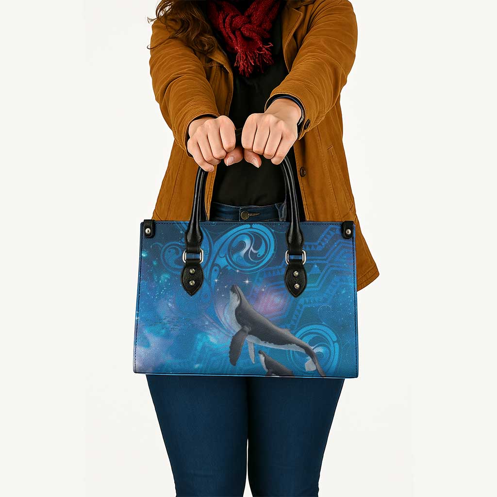 Paikea New Zealand Matariki Leather Bag Humpback Whale Taniko Motifs Ocean Vibes LT14 - Polynesian Pride