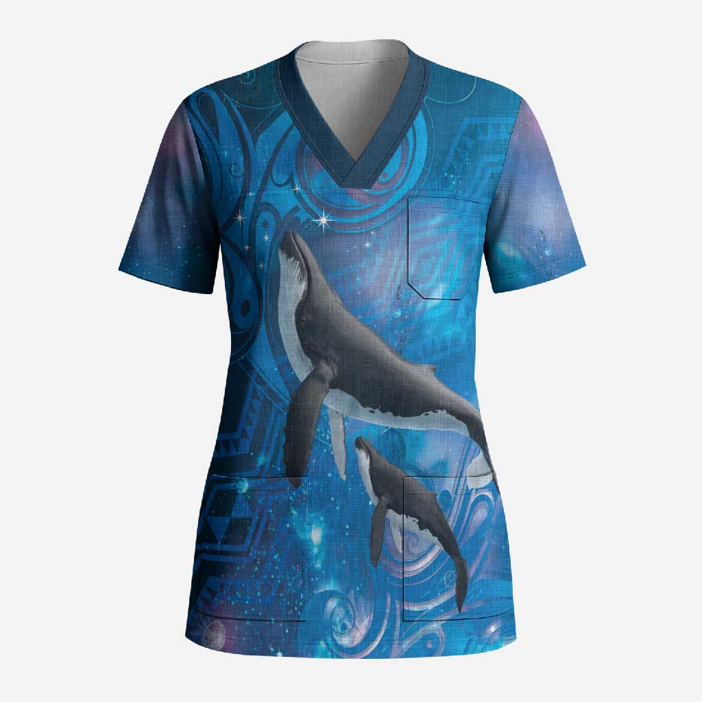 Paikea New Zealand Matariki Scrub Top Humpback Whale Taniko Motifs Ocean Vibes LT14 Adult Blue - Polynesian Pride