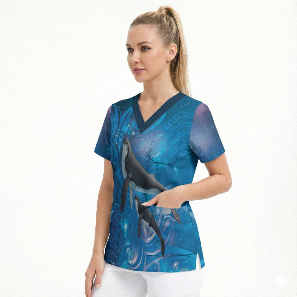 Paikea New Zealand Matariki Scrub Top Humpback Whale Taniko Motifs Ocean Vibes LT14 - Polynesian Pride