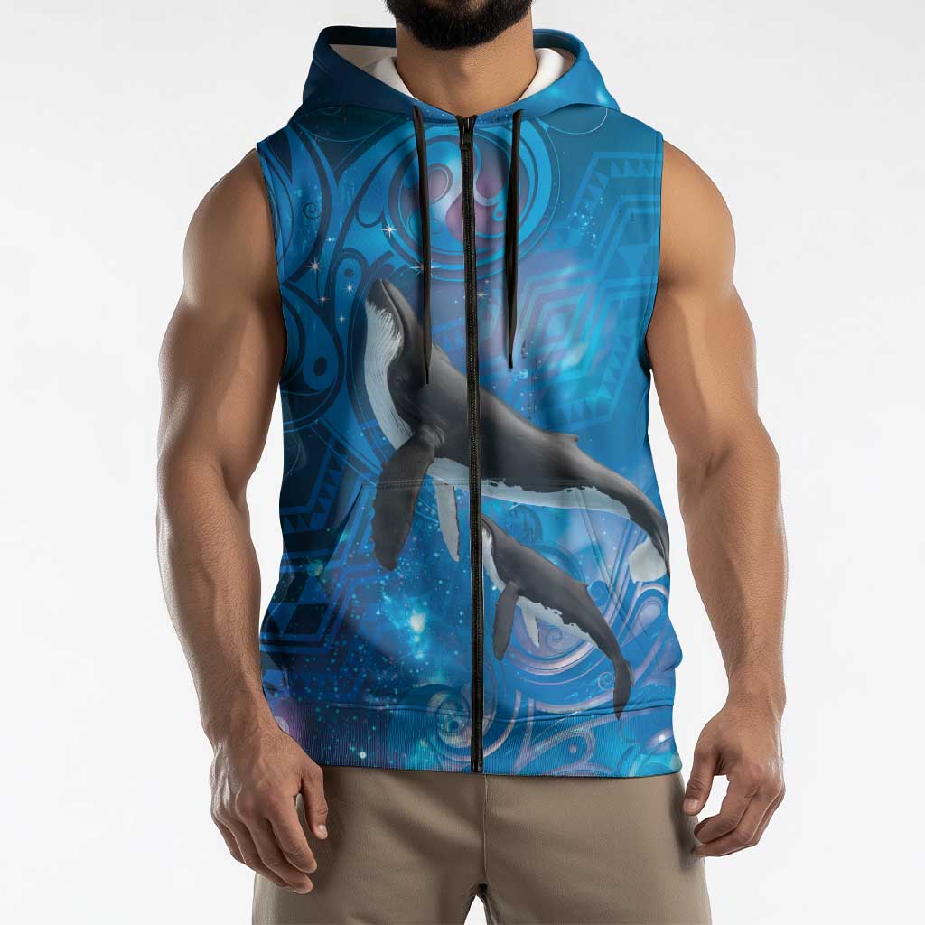 Paikea New Zealand Matariki Sleeveless Zip Hoodie Humpback Whale Taniko Motifs Ocean Vibes
