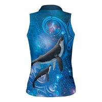 Paikea New Zealand Matariki Women Sleeveless Polo Shirt Humpback Whale Taniko Motifs Ocean Vibes