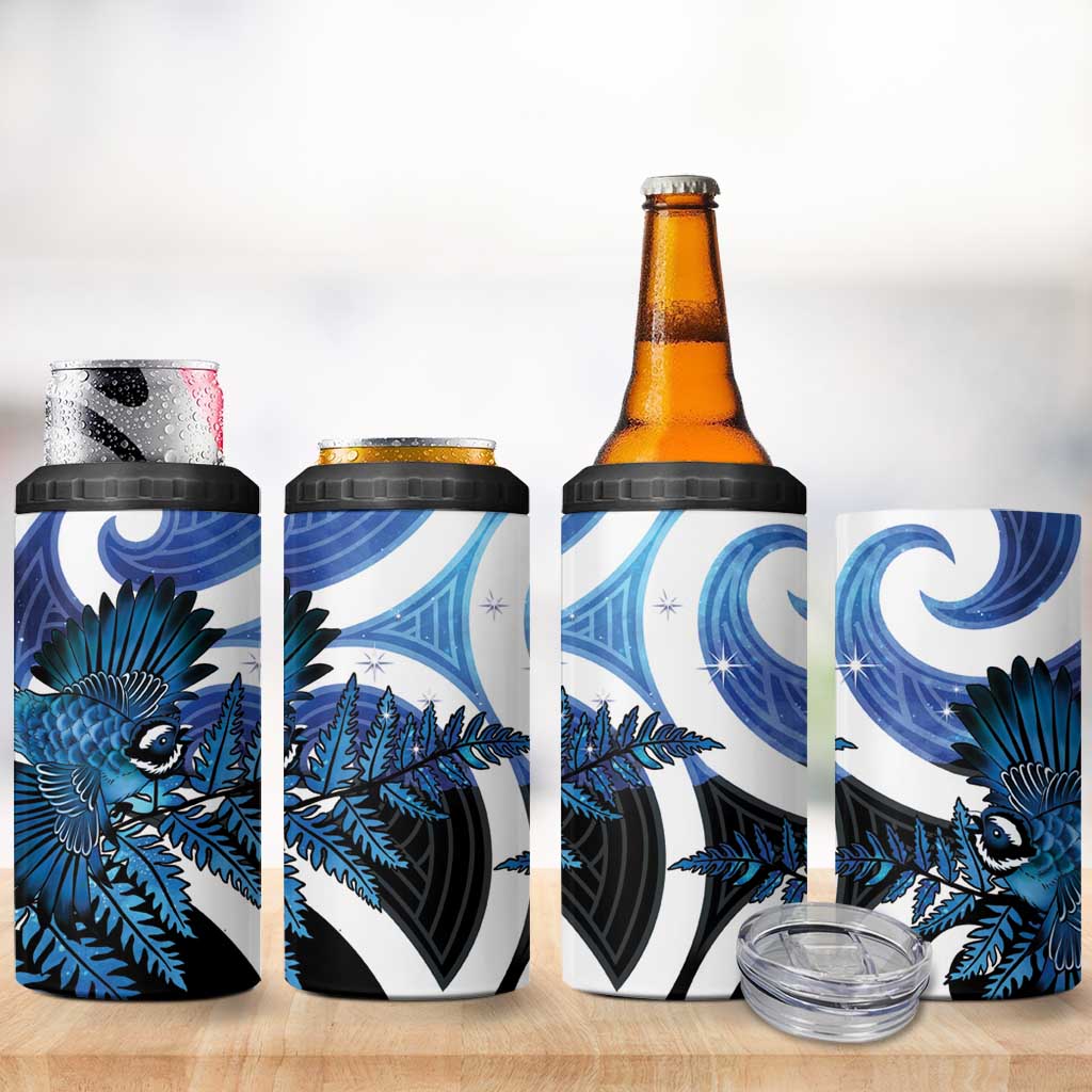 Piwakawaka New Zealand Matariki 4 in 1 Can Cooler Tumbler Maori New Year Silver Fern Blue Galaxy