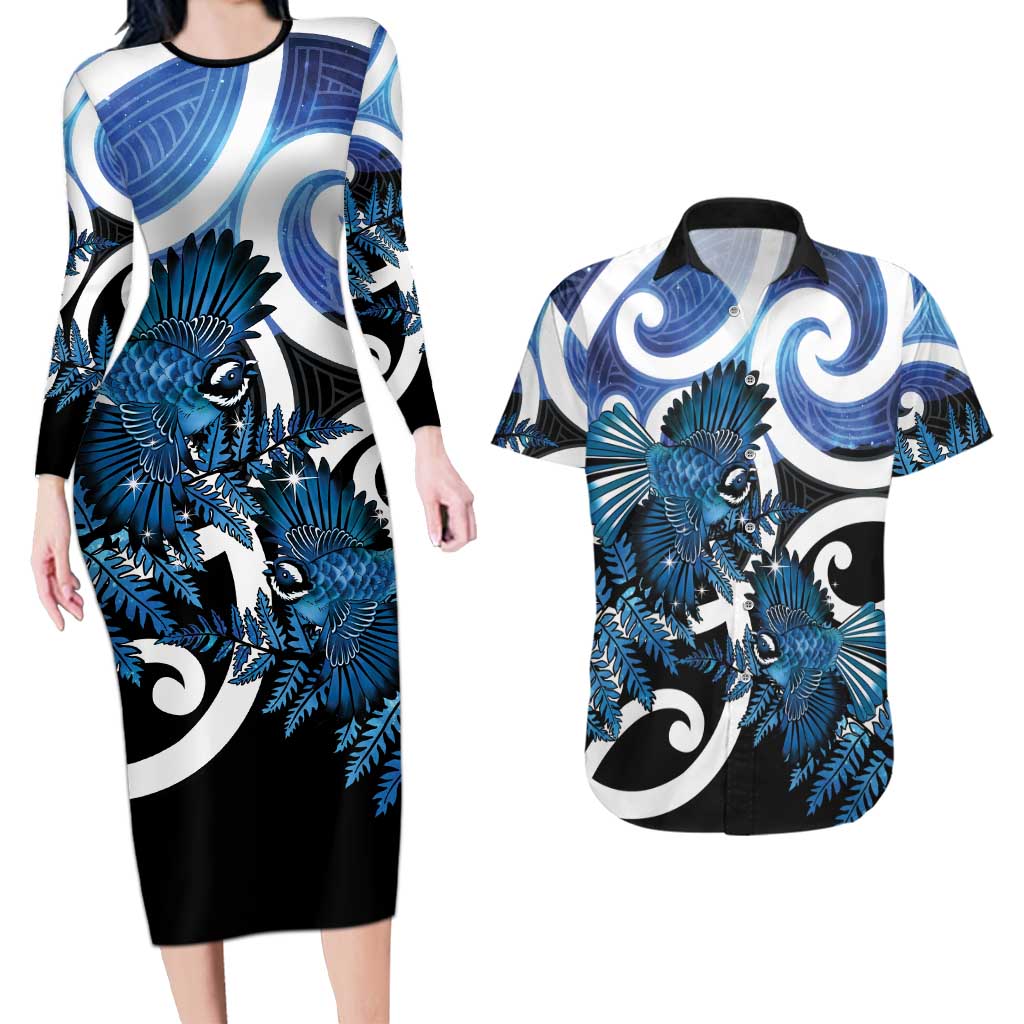 Piwakawaka New Zealand Matariki Couples Matching Long Sleeve Bodycon Dress and Hawaiian Shirt Maori New Year Silver Fern Blue Galaxy