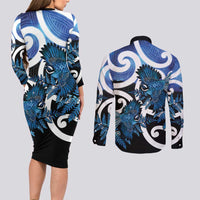 Piwakawaka New Zealand Matariki Couples Matching Long Sleeve Bodycon Dress and Long Sleeve Button Shirt Maori New Year Silver Fern Blue Galaxy