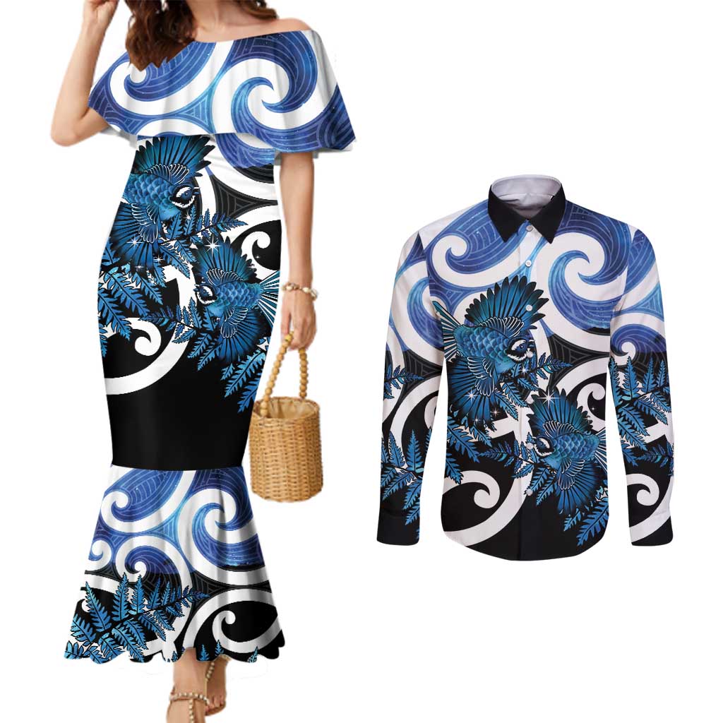 Piwakawaka New Zealand Matariki Couples Matching Mermaid Dress and Long Sleeve Button Shirt Maori New Year Silver Fern Blue Galaxy