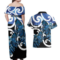 Piwakawaka New Zealand Matariki Couples Matching Off Shoulder Maxi Dress and Hawaiian Shirt Maori New Year Silver Fern Blue Galaxy
