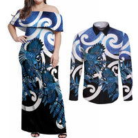 Piwakawaka New Zealand Matariki Couples Matching Off Shoulder Maxi Dress and Long Sleeve Button Shirt Maori New Year Silver Fern Blue Galaxy