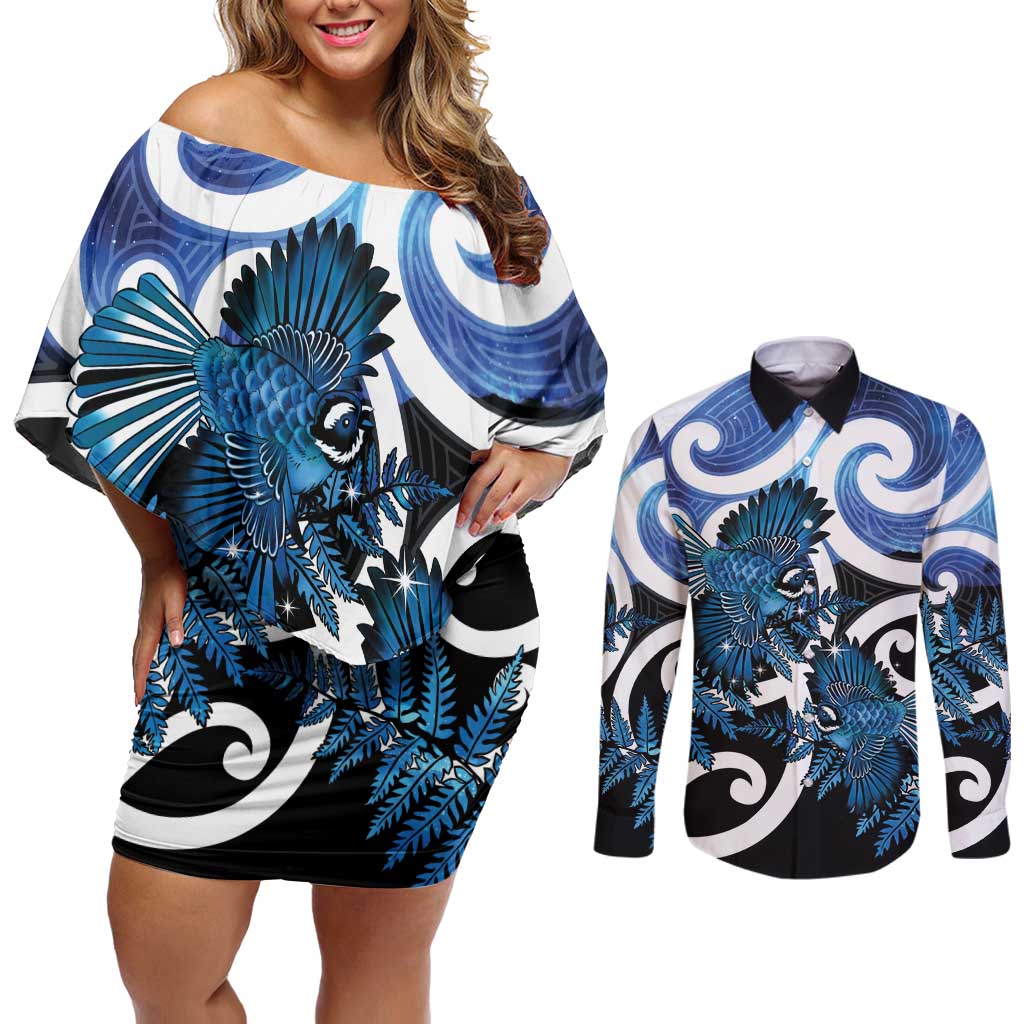 Piwakawaka New Zealand Matariki Couples Matching Off Shoulder Short Dress and Long Sleeve Button Shirt Maori New Year Silver Fern Blue Galaxy LT14 Blue - Polynesian Pride