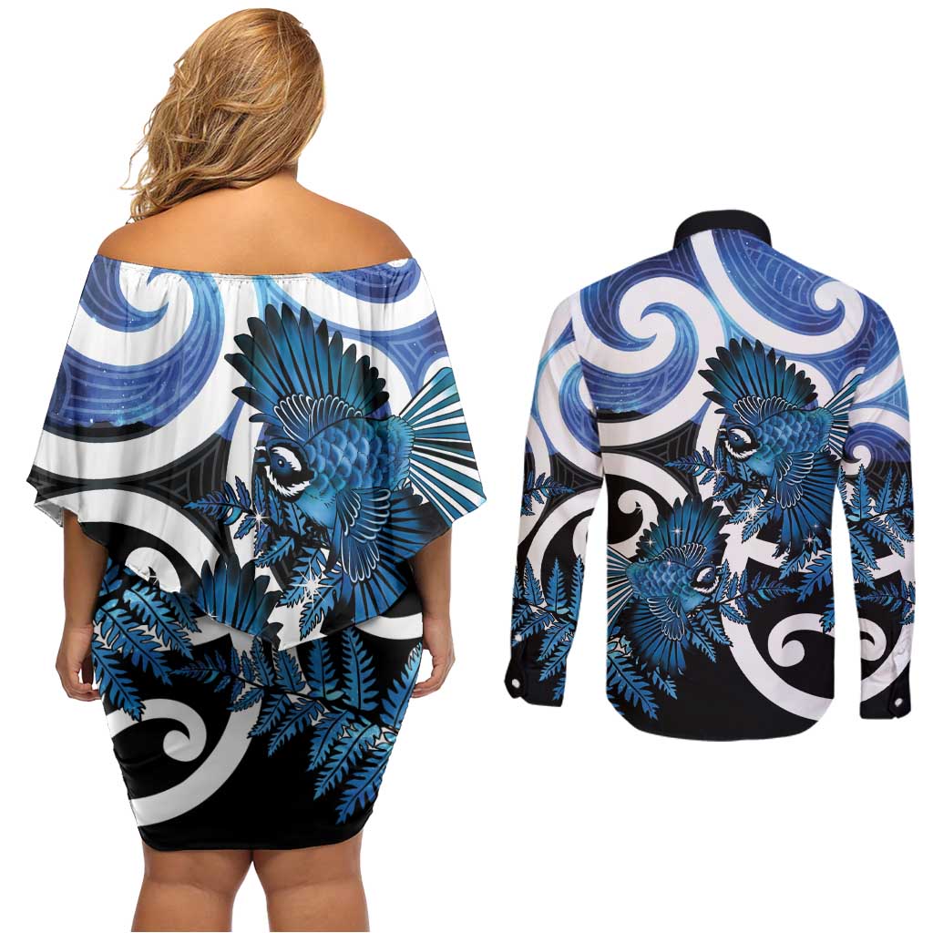 Piwakawaka New Zealand Matariki Couples Matching Off Shoulder Short Dress and Long Sleeve Button Shirt Maori New Year Silver Fern Blue Galaxy