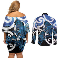 Piwakawaka New Zealand Matariki Couples Matching Off Shoulder Short Dress and Long Sleeve Button Shirt Maori New Year Silver Fern Blue Galaxy